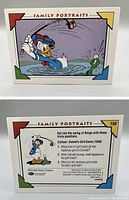 Front side of the collector card showing Donald Duck playing golf by the water with a fish.