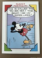 Front view of the card showing Mickey Mouse ice skating with a speech bubble saying "This is called the ta-ra-ra! The boom-de-ay comes later!"
