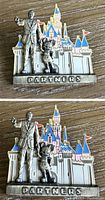 Photo showing the front view of the Walt Disney and Mickey Mouse Partners collectors pin with colorful castle backdrop.
