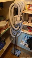 Coiled light grey flexible vacuum hose with handle and attached floor cleaning head accessory, shown stored in a pantry area near shelves.