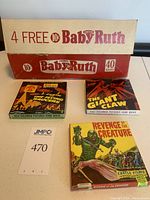 Vintage Curtiss Baby Ruth box with three 8mm film boxes for Earth Vs The Flying Saucers, The Giant Claw, and Revenge of the Creature.