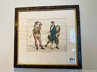 Full view of framed antique print 'Les Croyables' showing three men in period costume under glass in ornate black and gold frame.