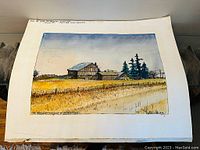 Full view of the ink and watercolour painting titled 'The Farm - West Field East of Van Dyk's Place', showing the entire artwork and paper.
