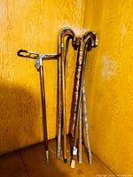 Five vintage canes and walking sticks shown standing cornered against a wood panel background with various handles and materials.