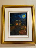 Framed oil painting featuring a night scene with house and starry sky, signed by the artist.