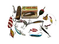 Photo of the full lot showing all fishing lures and bobber arranged in a group for overview.