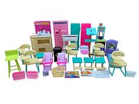Full collection of Barbie furniture and accessories including desks, refrigerators, car seats, easel, grocery checkout, and baskets.