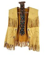Front view of tan fringed leather vest with bead embellishments and dark brown beaded ponytail holder hung inside the vest