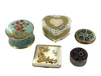 Lot of 5 items: 3 trinket boxes, 1 double-sided compact mirror, 1 vintage pressed powder compact