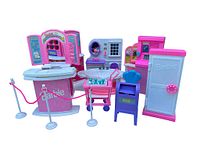 Vintage Barbie furniture components in pink, purple, blue, and white plastic. Includes beauty salon counter with styling chair, vanity with mirror, refrigerator, mailbox, posts with ropes, and decorative window decals.