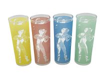 Four tallboy glasses in yellow, red, blue, and green with white silhouette graphics of cowboy playing fiddle and cowgirl with lasso.