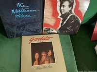 Three LP records displayed upright: Northern Pikes with blue text on black, Colin James with an image of the artist, and Goddo Pretty Bad Boys with the band photo.