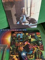 Photo showing Carole King album cover with her seated by a window and a cat, alongside Santana and Earth, Wind & Fire LP covers.