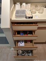 Drawers containing tools, candles, gloves, and lightbulbs with white plastic and fabric lamp shades on top of the counter