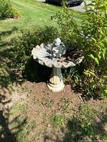 Concrete bird bath on lawn surrounded by plants.