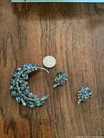 Top view of crescent-shaped rhinestone brooch with matching clip-on earrings laid on wooden surface with quarter coin for scale.