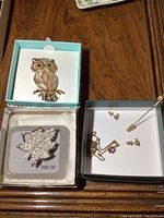 Owl brooch, Vendome leaf brooch in box, necklace set components