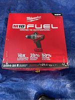 Front of Milwaukee M18 Fuel 1/2" Hammer Drill/Driver box, model 2604-20
