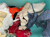 Costumes and clothing items including bandanas, fabric pieces of different colors and patterns, and costume parts in a blue bin.