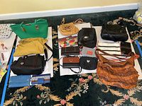 Overview of all handbags, wallets, and small backpack laid out on carpet