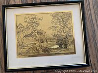 Framed gold foil print depicting a nature scene with trees, rustic table, and foliage, described as a Lionel Barrymore print.