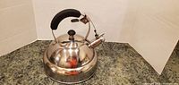 Photo of stainless steel tea kettle showing dome shape, black handle with thumb lever, and whistle spout cap.