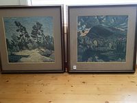Two framed landscape pictures by M. Thomson side by side on wooden floor.