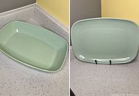 Two photos showing a large mint green rectangular serving plate with rounded edges, displayed on countertop and on stand.