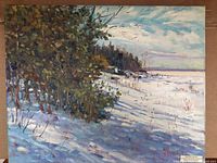 Full front view of the oil painting 'Shoreline Solitude' showing a snowy landscape with barefoot trees and a lake or shoreline.