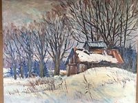 Full view of the oil painting depicting a snowy winter landscape with a cabin and trees under a cloudy sky.