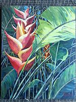 Full view of the oil painting depicting tropical flowers and foliage with vivid colors and detailed brushwork.