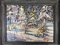 Full view of framed oil painting showing winter forest scene.