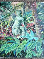 Full view of the oil painting showcasing the statue and surrounding garden plants.