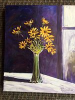 Full view of the oil painting showing yellow flowers in a tall green vase with a dark purple background and window light.