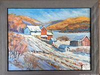 Full view of framed oil painting showing a snowy farm landscape with buildings and hills