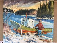 Full view of the oil painting showing the man, boat, water and trees under a cloudy sky.
