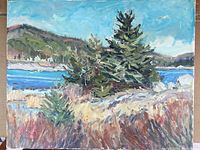 Full view of the oil painting showing the entire canvas with landscape scene, trees, water, and sky.