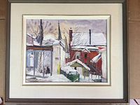 Full view of framed oil painting showing snowy backyard with red house and outbuilding