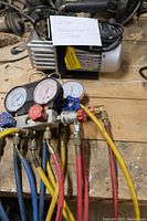 Full view of rotary vacuum pump and attached HVAC manifold gauges with hoses on wooden table.
