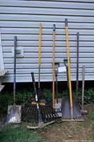 Photo showing six yard tools with wooden handles against house siding on grass