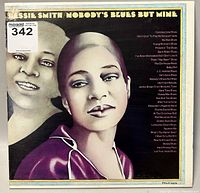 Front cover of 'Nobody's Blues But Mine' double record album featuring illustrated portraits and blues song list