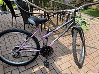 Full side view of Schwinn ladies mountain bike showing frame, tires, saddle, handlebars, and gear system.