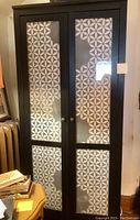 Front view of black IKEA shelving unit showing two glass doors with partial fabric inside with white geometric pattern.