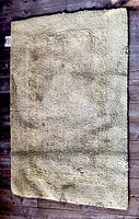 Full view of the used green bath rug laid flat on wooden floor, shows worn areas and dirt marks.