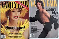 Two Vanity Fair magazines displayed side by side showing the covers: March 1991 with Shirley MacLaine and February 1992 with Mick Jagger.