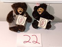 Two plush bears sitting side by side on white surface with numbered card '22' in front, show full front view.