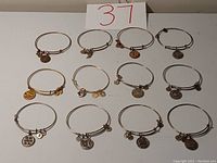 Full lot of twelve Alex and Ani expandable wire bangle charm bracelets arranged on a white surface showing variety of charm designs and metal tones.