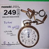Front view showing watch dial and chain on tag
