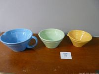 Set of three ceramic nesting mixing bowls arranged side by side on table, showing blue, green, and yellow bowls with spouts; largest blue bowl has a handle.