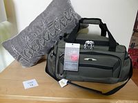 Display of new Skyway travel bag with attached tag and grey velvet-like decorative pillow with beadwork spelling 'Holiday'.